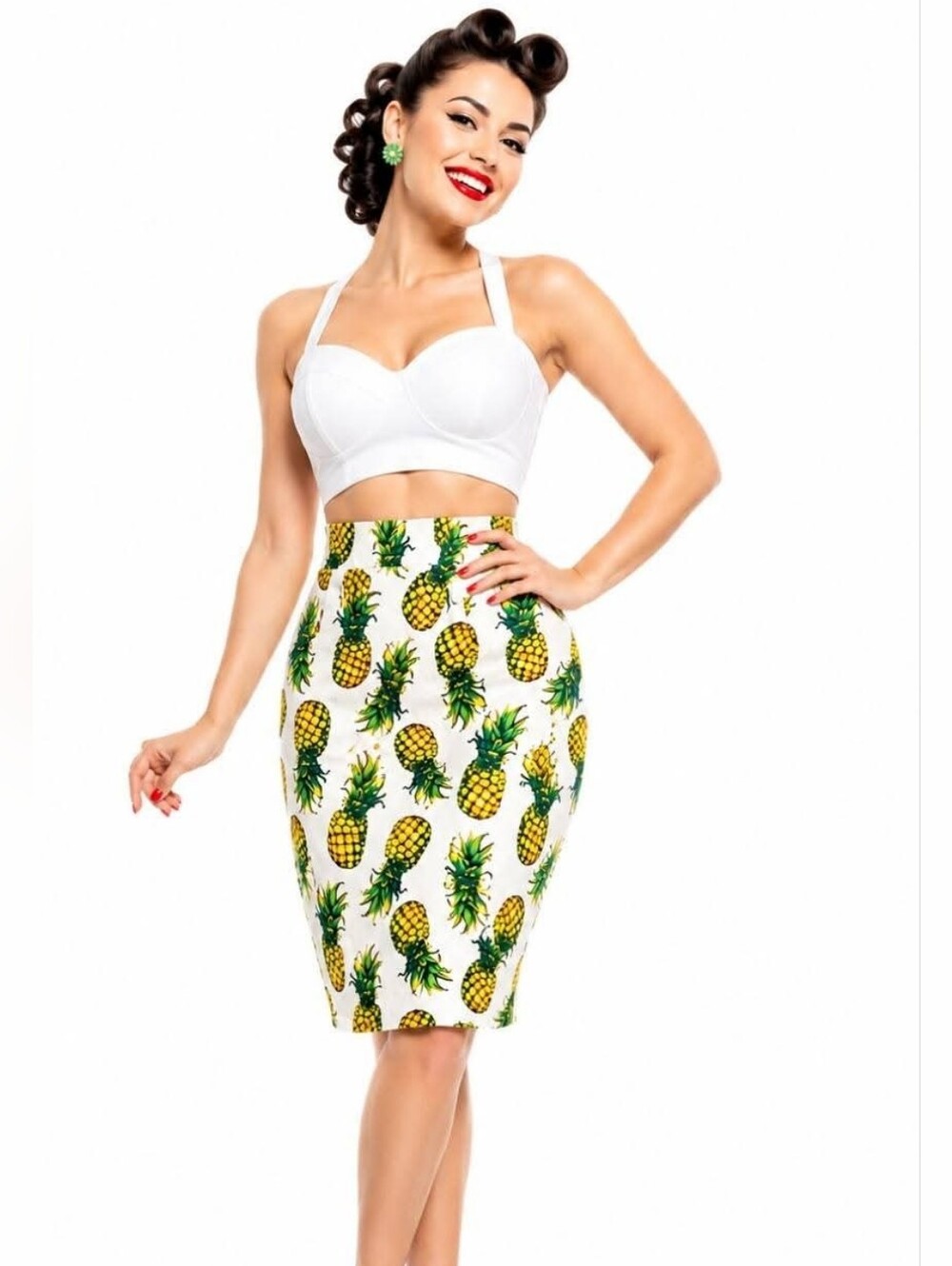 Pineapple Print Pencil Skirt - White & Yellow